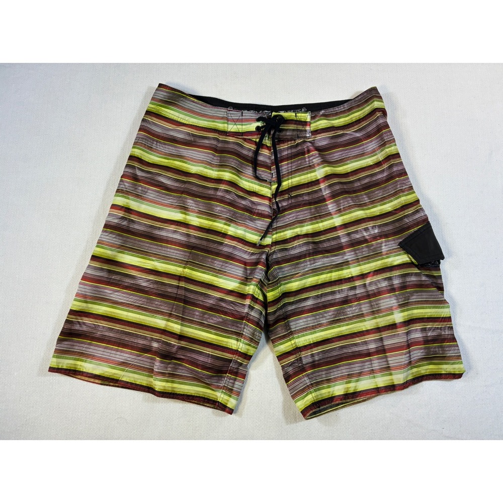 Vintage Hang Loose Board Shorts Brazil Surf Multi-Stripe Mens Size 46 Swim
